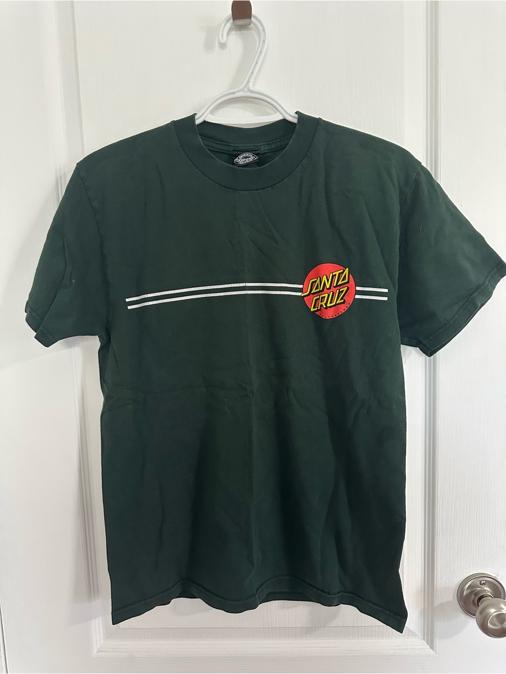 Santa Cruz Skateboards Dark Green Tee with Red Yellow Logo and White Stripes